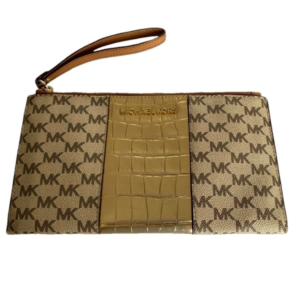 Michael Kors Beige/Gold Croc Embossed Leather and MK Canvas Wristlet Clutch. 10”